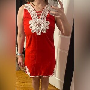 Beautiful red shift dress with white detailing